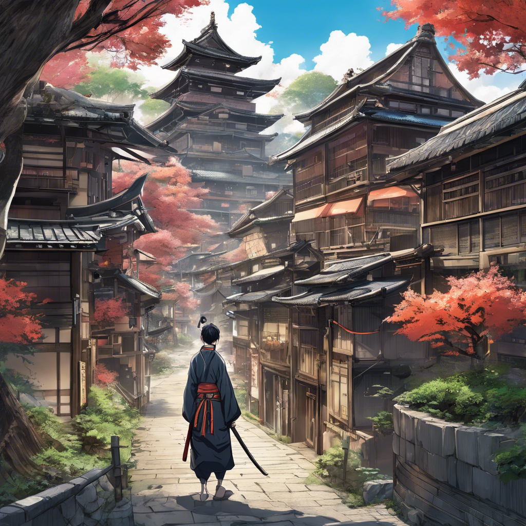 Digital artwork depicting a scene reminiscent of a traditional Japanese village or town
